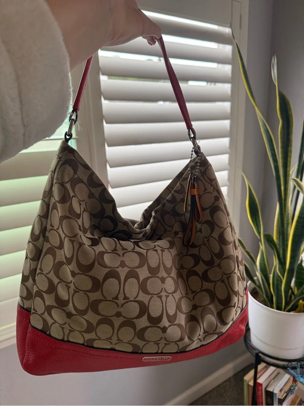 Coach Tan/Brown Signature Canvas Hobo with Red Leather Trim